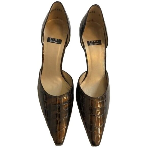 STUART WEITZMAN D’Orsay Patent Italian Croc Embossed Leather Pointed Toe pumps 6 - Picture 2 of 5